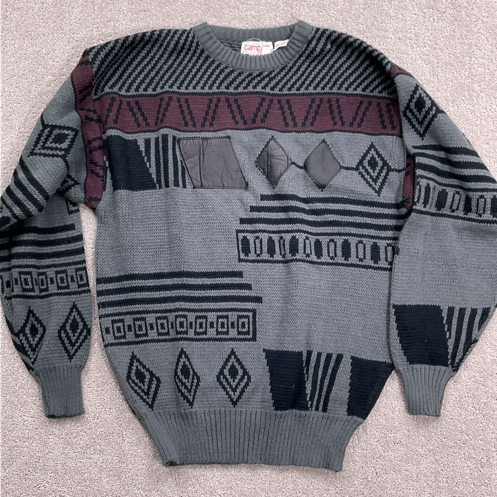 Campus Sweater Mens XL Gray Purple Diamond Leather Geometric Retro Deadstock VTG